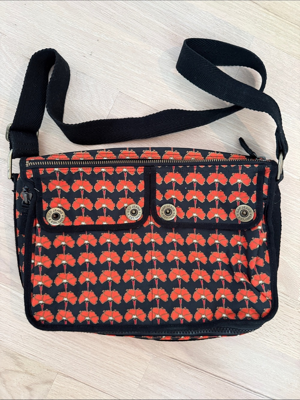Vintage GAP Black Messenger Bag with Red Floral Print - Unbranded